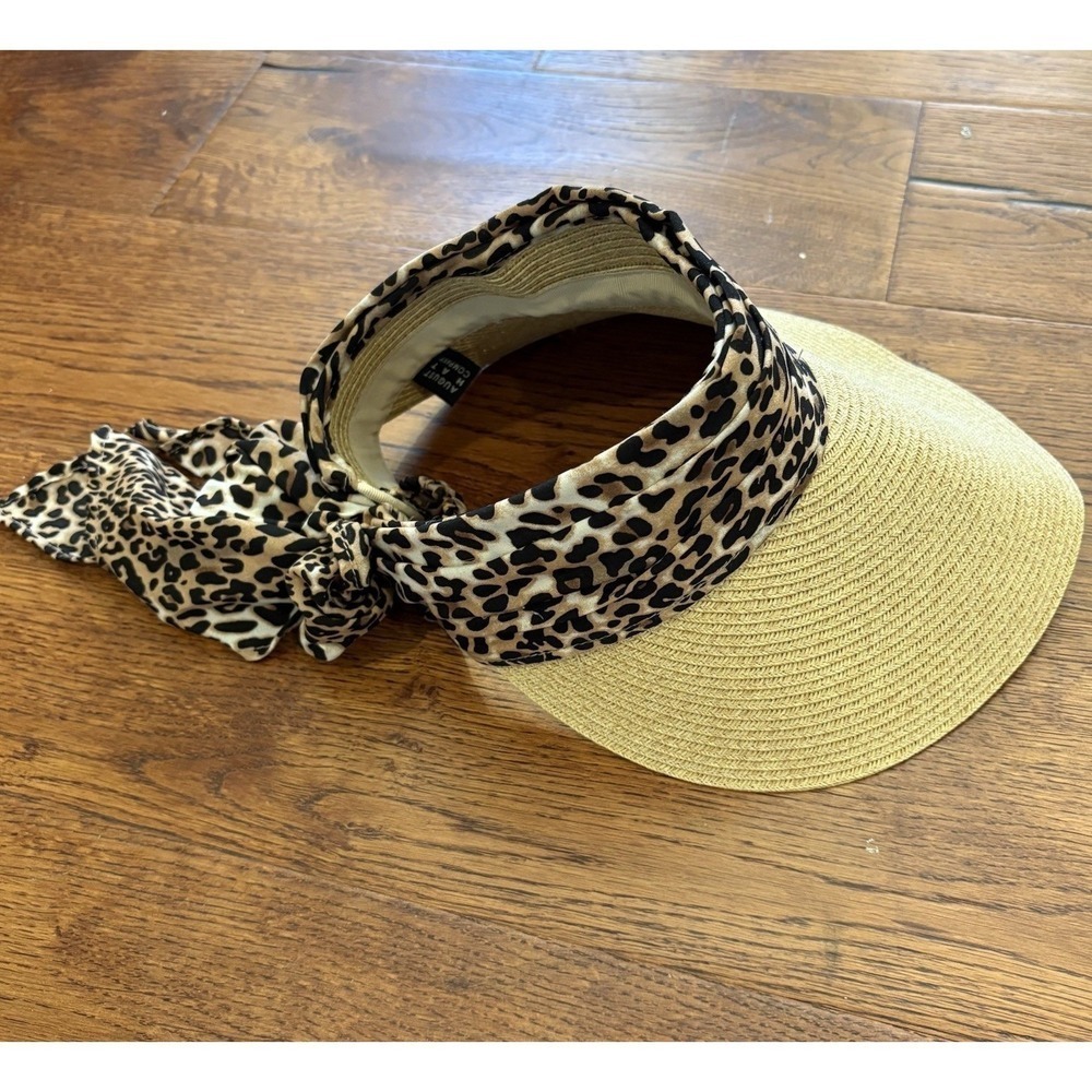 August Hat Company Straw Visor Sun Hat Animal Print Adjustable Tie Beach Travel - Picture 11 of 11